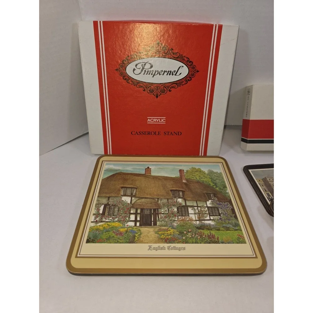 Pimpernel Cork Casserole Stand English Cottage & 6 Coasters  19th Century London
